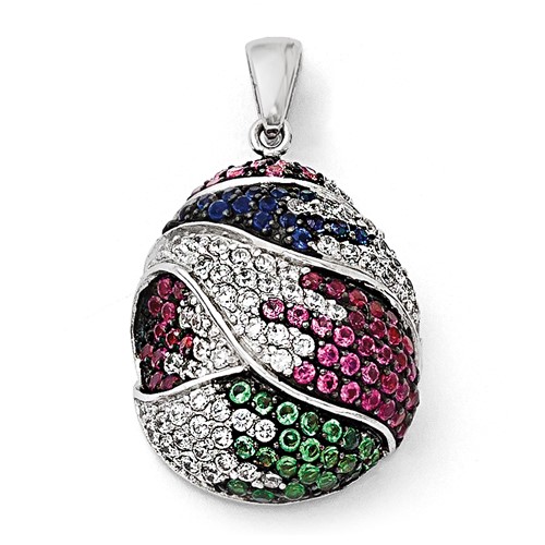 SS Black Rhodium Blue Grn Glass Lt & Drk Synth. Ruby & CZ Pendant