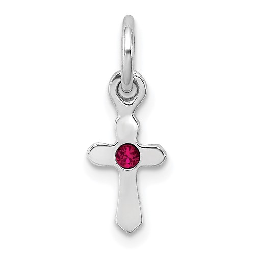 Sterling Silver Rhodium-plated Red Crystal Cross Petite Pendant