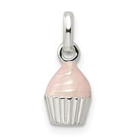 Sterling Silver Polished & Pink Enameled Cupcake Children's Pendant view 4