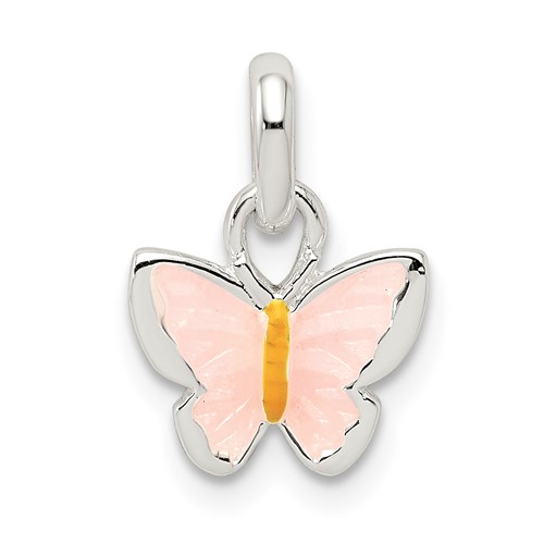 Sterling Silver Polished Pink and Orange Enameled Petite Butterfly Pendant