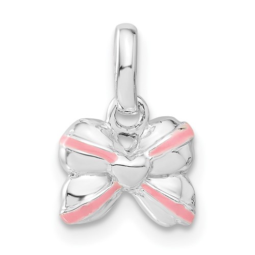 Sterling Silver Pink Enamel & CZ Kid's Bow Pendant