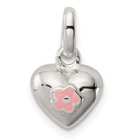 Sterling Silver Polished Pink Enamel Flower on Heart Pendant view 1