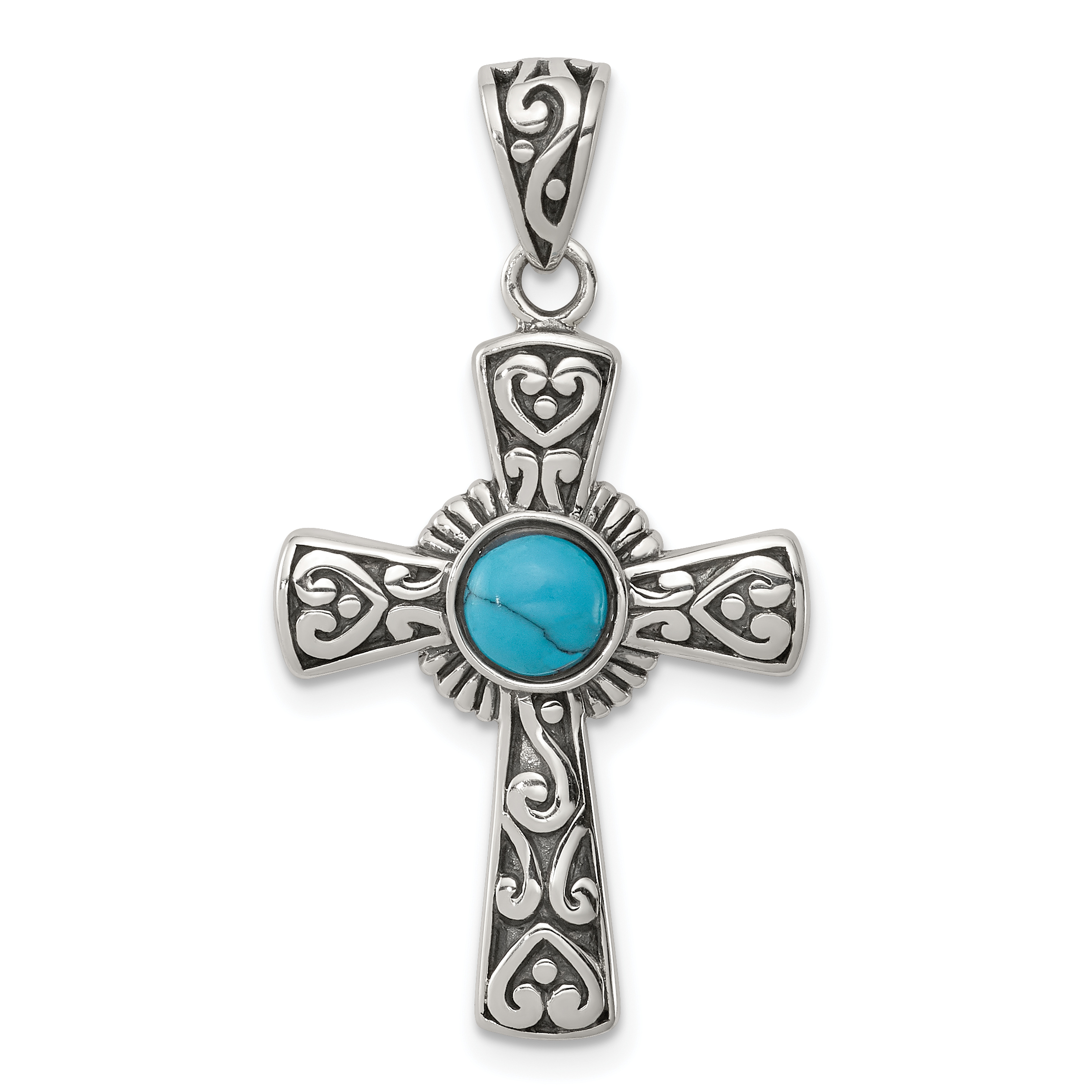 Sterling Silver Antiqued Recon Turquoise Cross Pendant (QP4111)