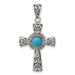 Sterling Silver Antiqued Recon Turquoise Cross Pendant
