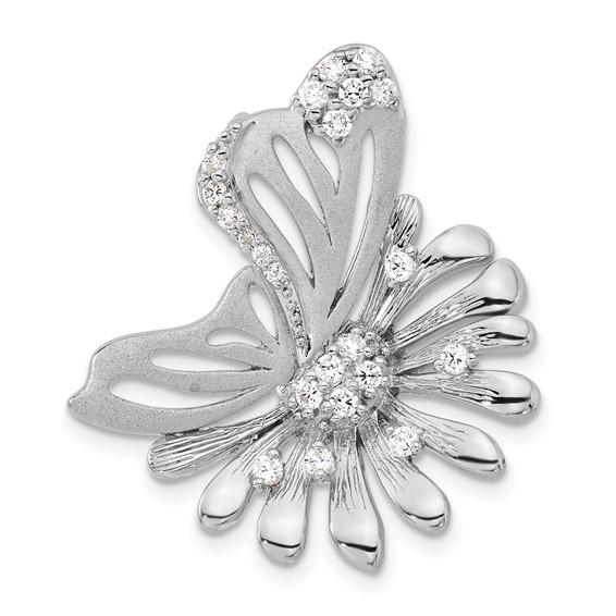 Sterling Silver Polished & Satin CZ Flower Butterfly Slide