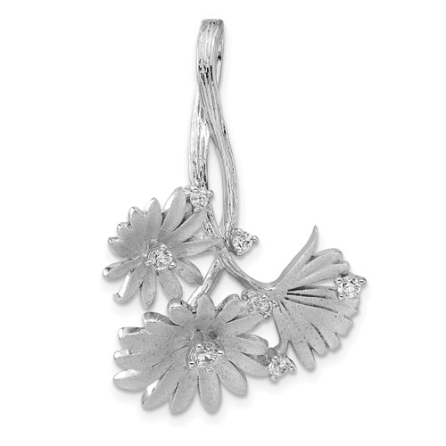 Sterling Silver Polished and Satin CZ Flowers Slide