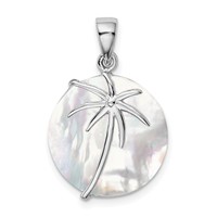 Sterling Silver Rhodium-plated Polished Round Mother of Pearl Palm Tree Pendant view 1
