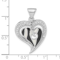 Sterling Silver Polished Black & White Enamel CZ Heart Pendant view 3