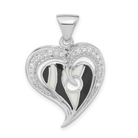 Sterling Silver Polished Black & White Enamel CZ Heart Pendant view 1