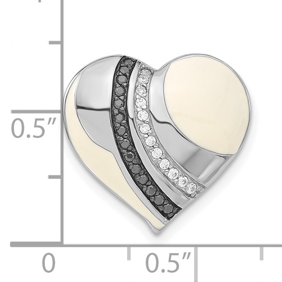Sterling Silver w/ Black Rhodium White & Black Enamel CZ Heart Chain Slide Pendant