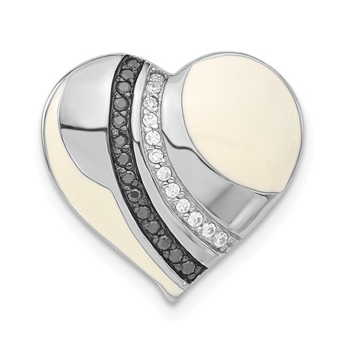 Sterling Silver Pendant with Black Rhodium White & Black Enamel CZ Heart Chain Slide
