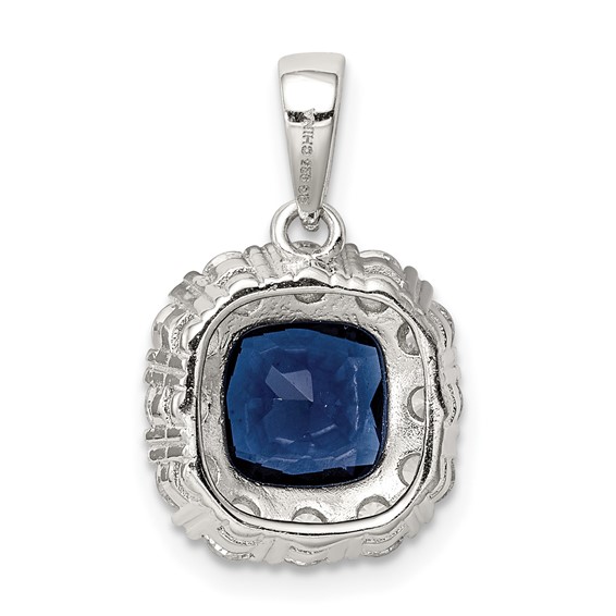 Sterling Silver Rhodium-plated CZ and Blue Glass Pendant