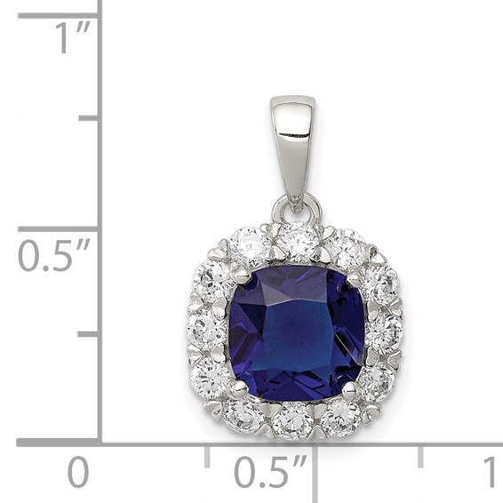 Sterling Silver Rhodium-plated CZ and Blue Glass Pendant