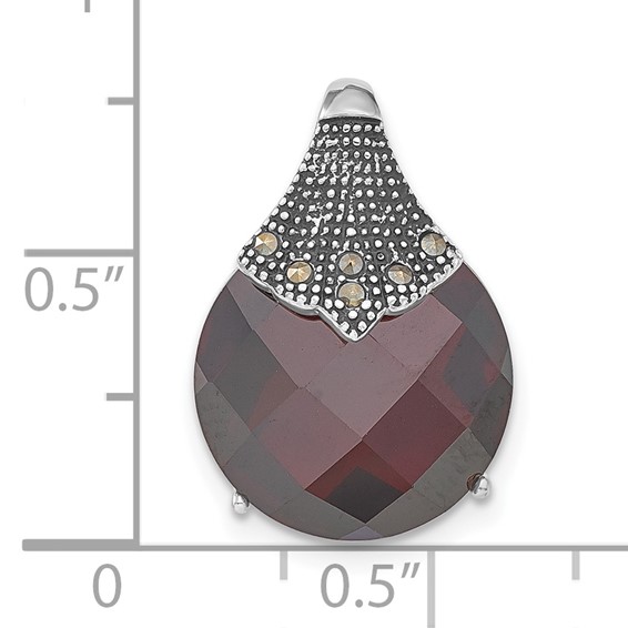 Sterling Silver Polished & Antiqued Red CZ & Marcasite Chain Slide Pendant