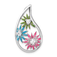 Sterling Silver CZ & Blue, Green & Pink Enamel Floral Teardrop Slide view 1