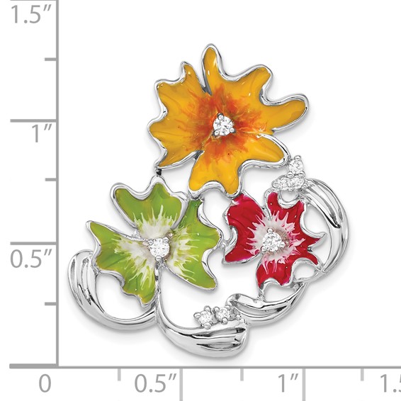 Sterling Silver Polished Red, Green & Yellow Enamel CZ Flower Slide