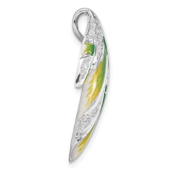Sterling Silver Green & Yellow Enamel CZ Leaf Slide