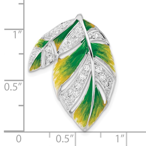 Sterling Silver Green & Yellow Enamel CZ Leaf Slide