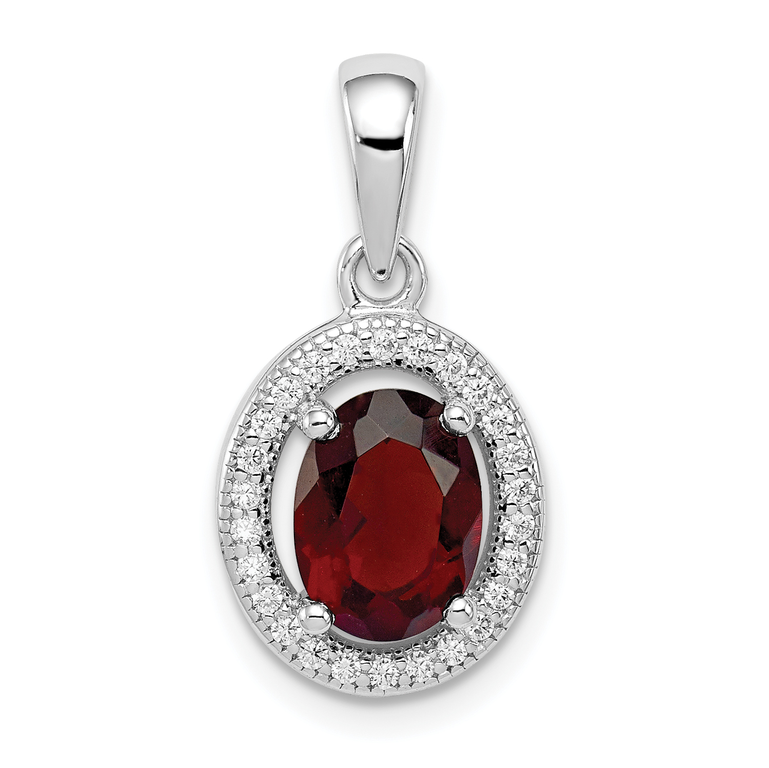 Sterling Silver Rhod-plated w/ Dark Red and White CZ Oval Pendant (QP4240)