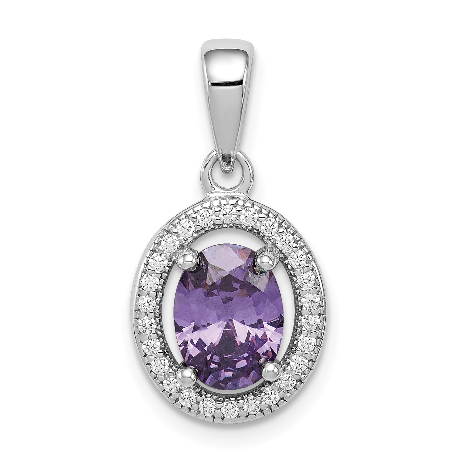 Sterling Silver Rhod-plated w/ Purple and White CZ Oval Pendant (QP4241)
