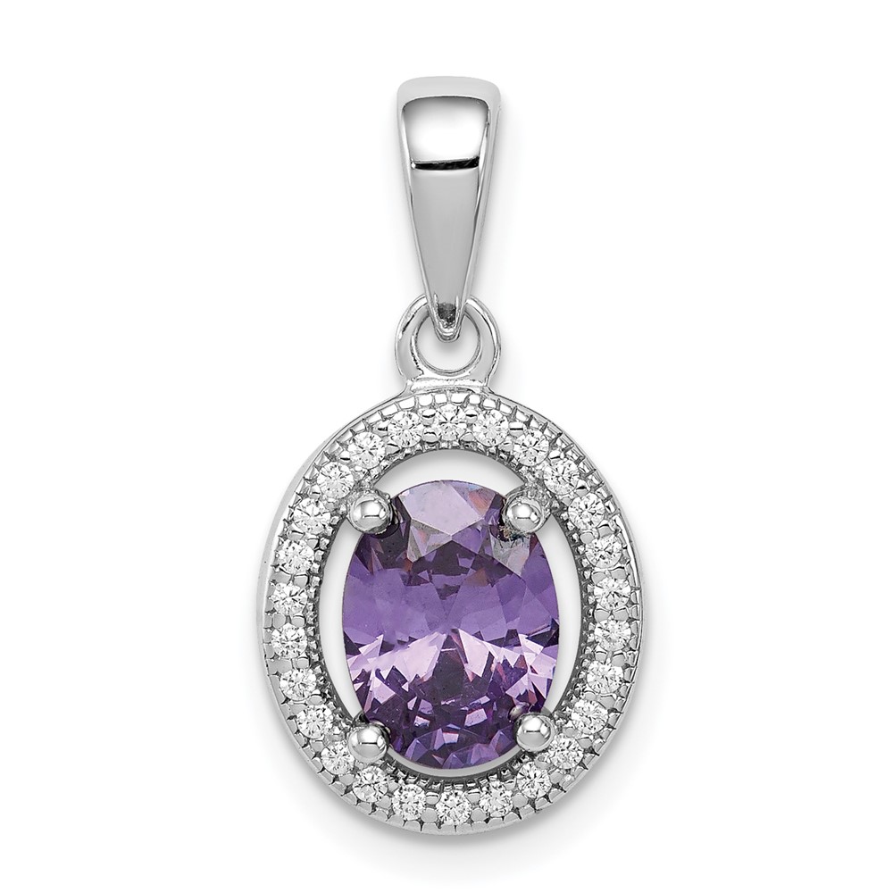 Sterling Silver Rhod-plated w/ Purple and White CZ Oval Pendant (QP4241)