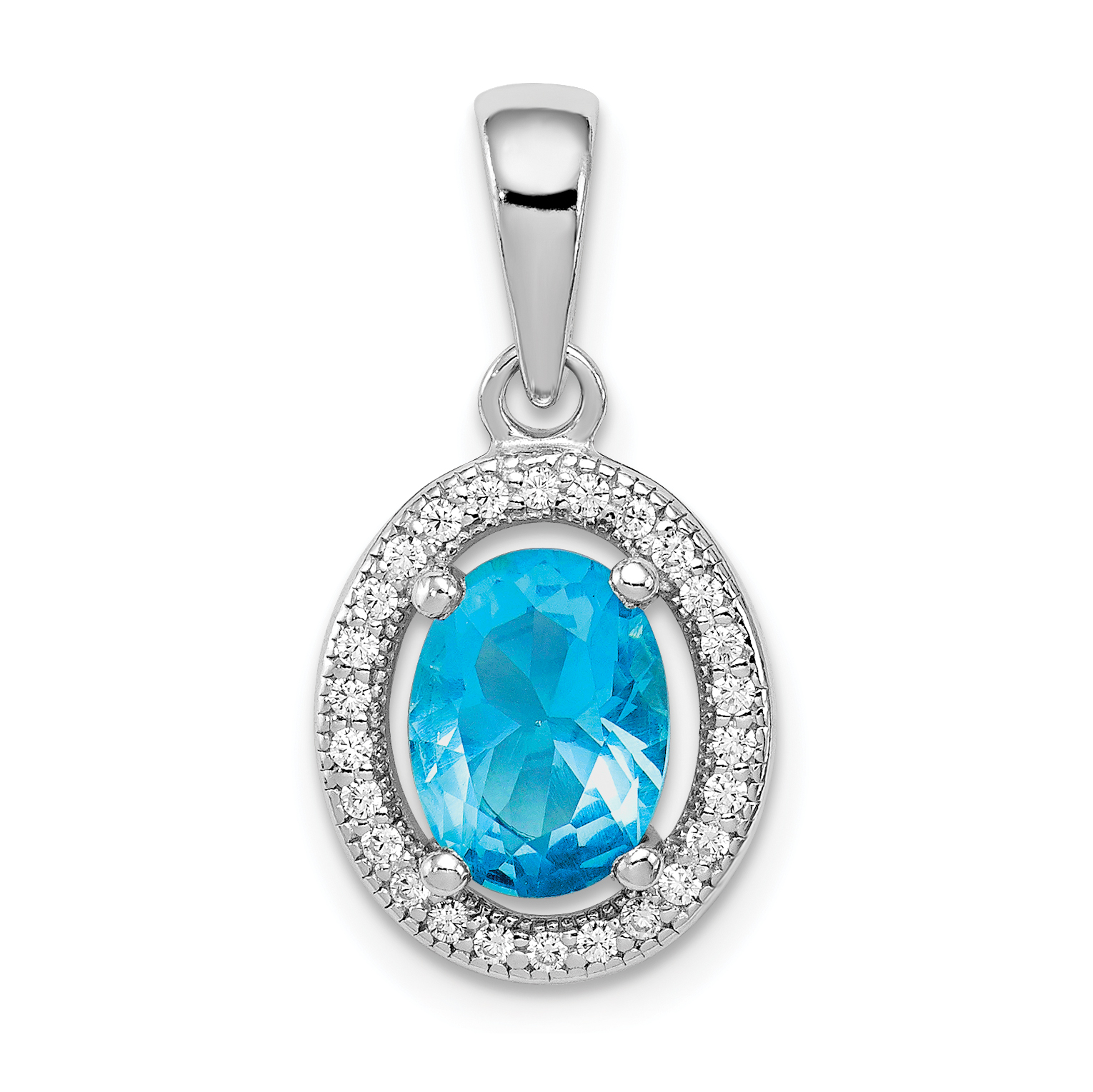 Sterling Silver Rhod-plated w/ Light Blue and White CZ Oval Pendant (QP4242)