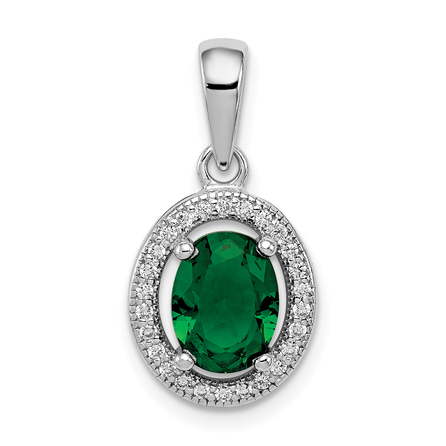 Sterling Silver Rhod-plated w/ Green and White CZ Oval Pendant (QP4244)