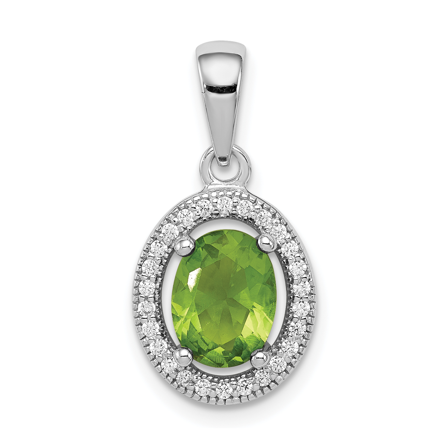 Sterling Silver Rhod-plated Light Green and White CZ Oval Pendant (QP4247)