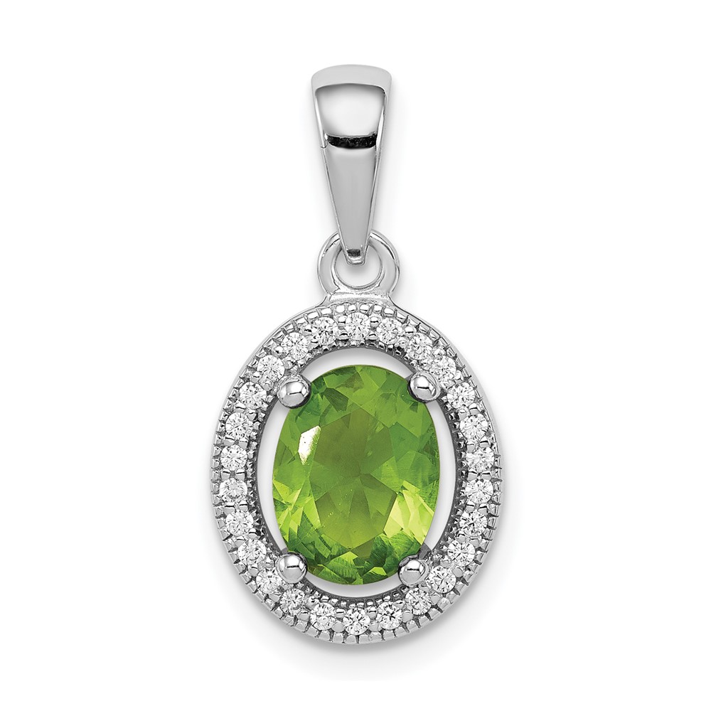Sterling Silver Rhod-plated Light Green and White CZ Oval Pendant (QP4247)