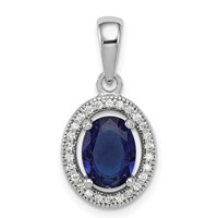 Sterling Silver Rhod-plated Dark Blue and White CZ Oval Pendant view 1