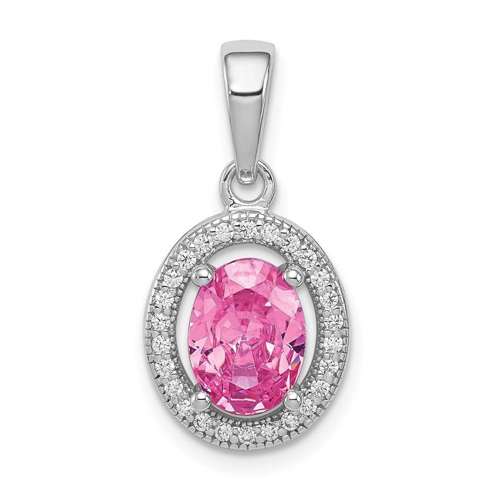 Sterling Silver Rhod-plated Pink and White CZ Oval Pendant (QP4249)