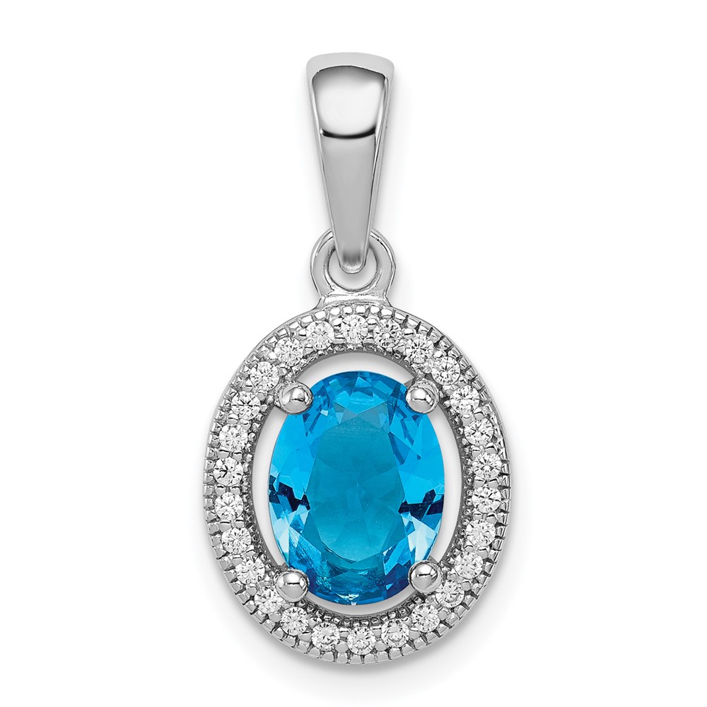 Sterling Silver Rhod-plated Blue and White CZ Oval Pendant (QP4251)