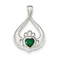 Sterling Silver Rhodium-plated Green CZ Heart Claddagh Pendant view 1