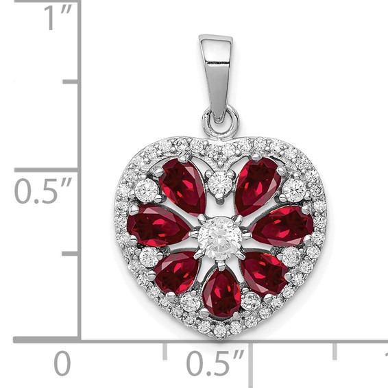 Sterling Silver Rhodium-plated Polished CZ and Lab Cr. Ruby Heart Pendant