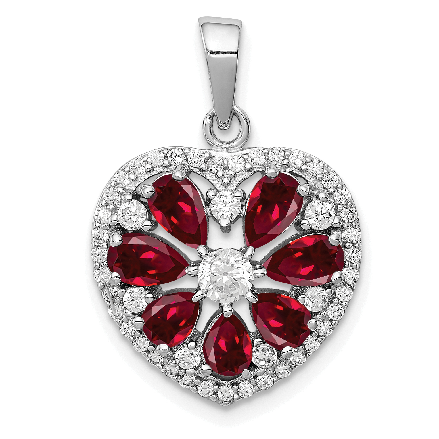 Sterling Silver Rhodium-plated Polished CZ and Lab Cr. Ruby Heart Pendant (QP4278)