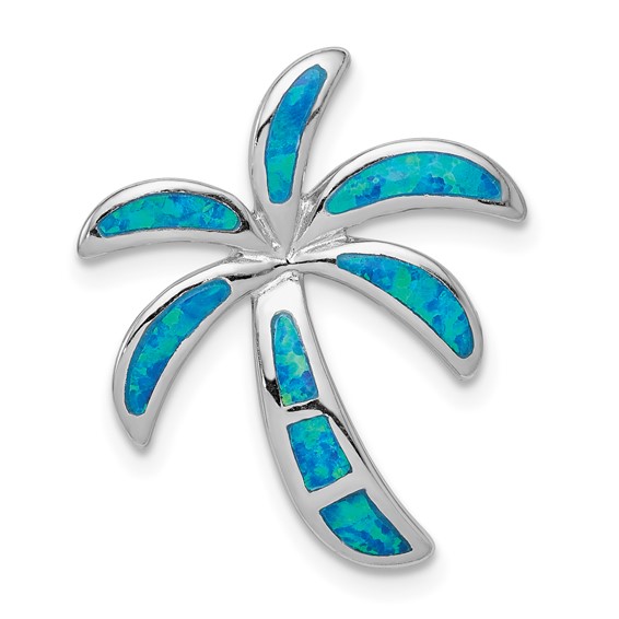 Sterling Silver Rhodium-plated Created Blue Opal Palm Tree Slide