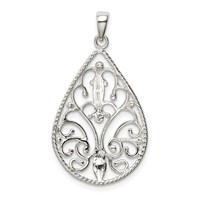 Sterling Silver Polished Diamond-cut Filigree Teardrop Pendant view 4