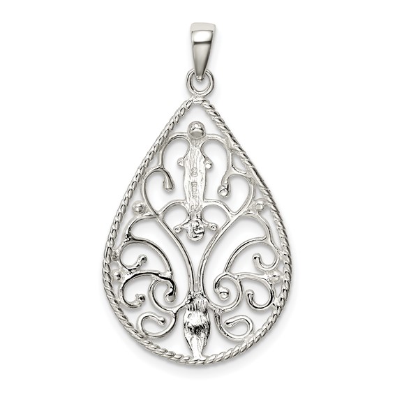 Sterling Silver Polished Filigree Diamond-cut Teardrop Pendant