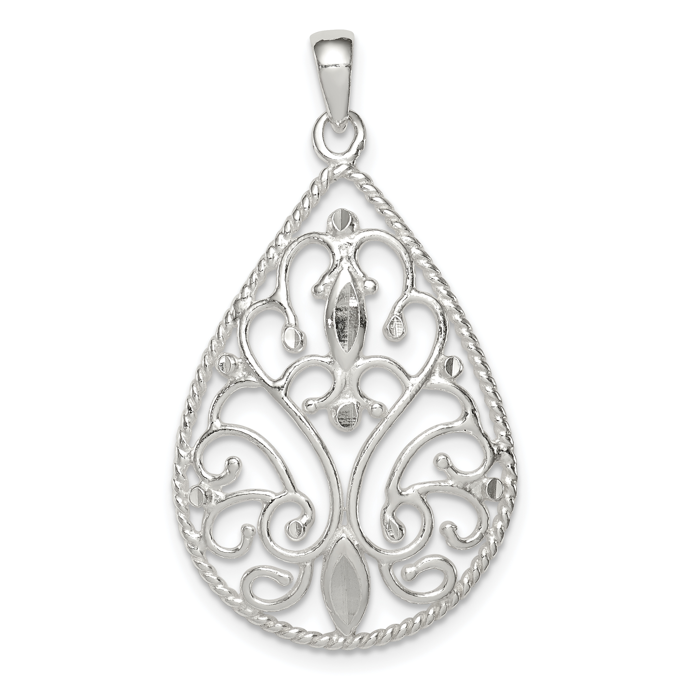 Sterling Silver Polished Filigree Diamond-cut Teardrop Pendant (QP4308)