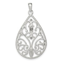 Sterling Silver Polished Diamond-cut Filigree Teardrop Pendant view 1