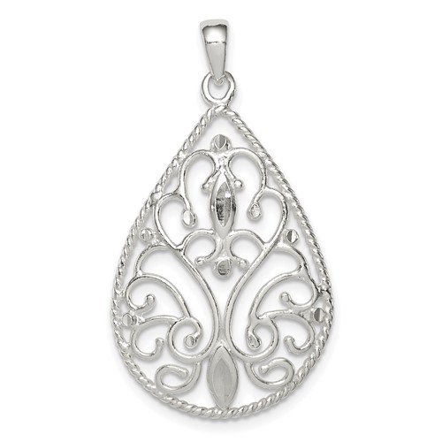 Sterling Silver Polished Diamond-cut Filigree Teardrop Pendant