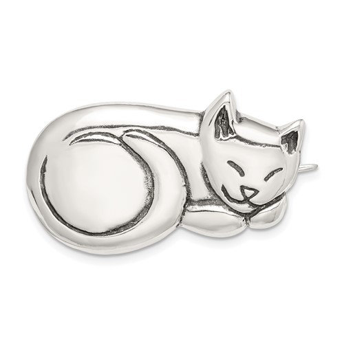 Sterling Silver Antiqued Sleeping Cat Brooch Pin
