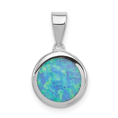 Sterling Silver Rhodium-plated Blue Lab Created Opal Round Pendant