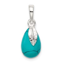 Sterling Silver Polished Pear-Shape Lab Created Turquoise and Leaf Pendant view 4