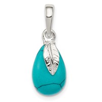 Sterling Silver Polished Pear-Shape Lab Created Turquoise and Leaf Pendant view 1