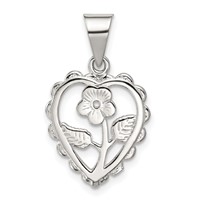 Sterling Silver Polished Mini Floral Center Heart Pendant view 1