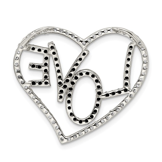 Sterling Silver Black/White Rhodium-plated CZ Love in Heart Chain Slide