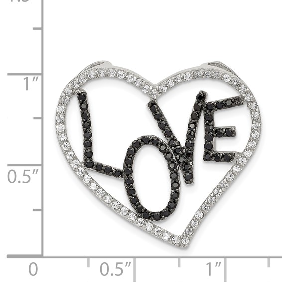 Sterling Silver Black/White Rhodium-plated CZ Love in Heart Chain Slide
