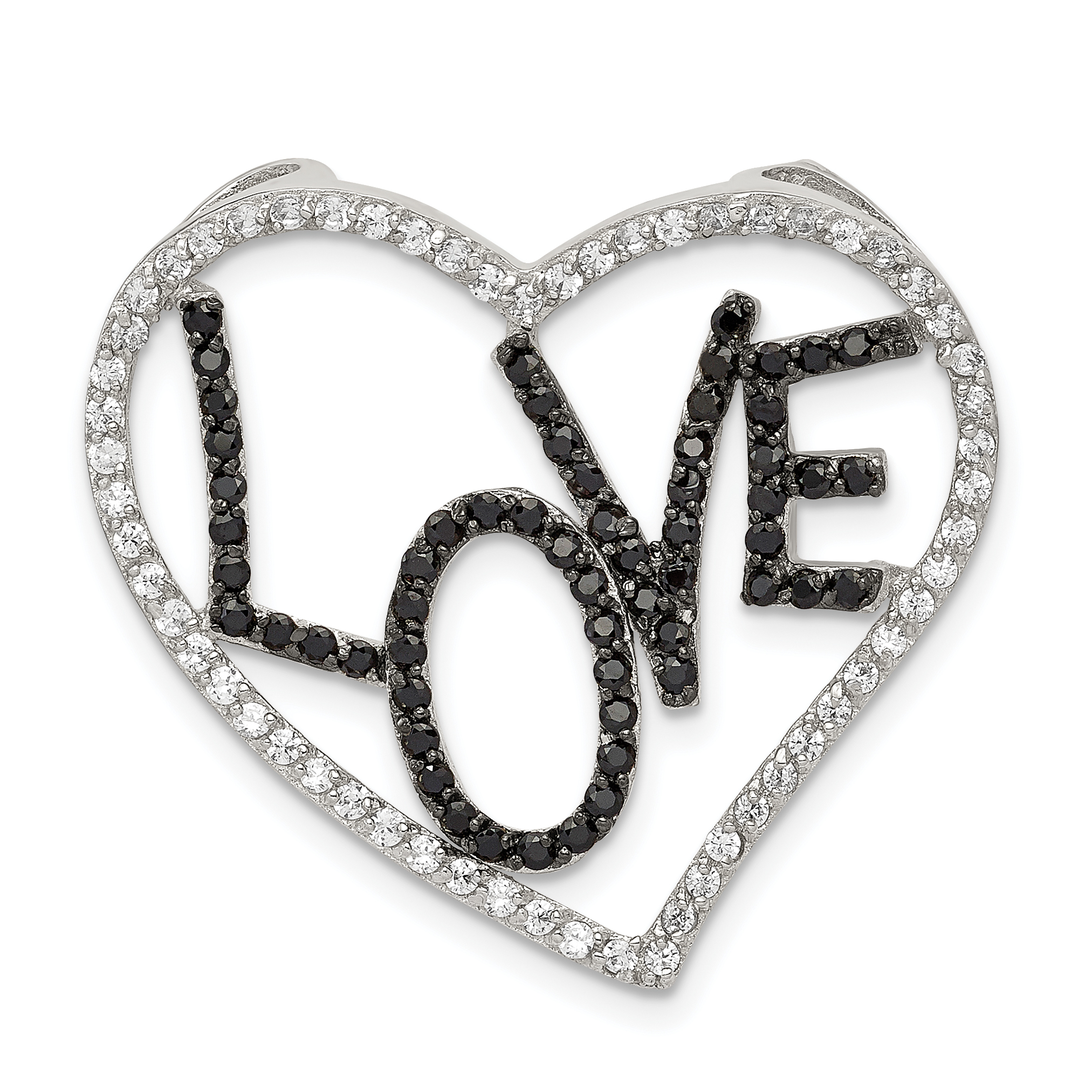 Sterling Silver Black/White Rhodium-plated CZ Love in Heart Chain Slide (QP4459)