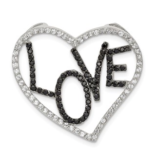 Sterling Silver Black/White Rhodium-plated CZ Love in Heart Chain Slide